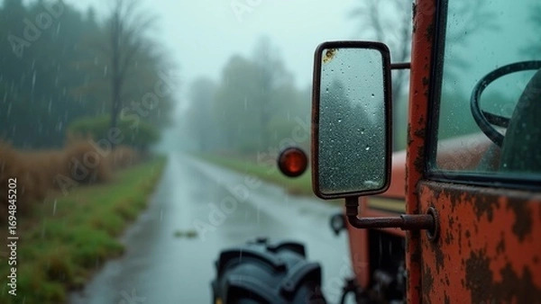 Fototapeta Raindrops splashing on rusty tractor's side mirror with blurred rural landscape, evoking a moody atmosphere for stock photography use in environmental awareness or rural life themes.