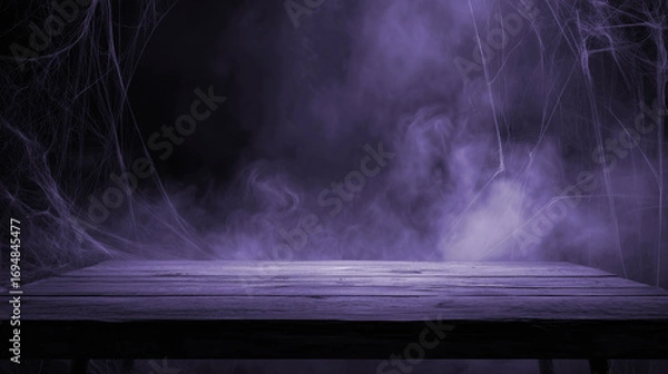 Fototapeta Halloween background with copy-space for text. Black table with eerie purple lighting, surrounded by cobwebs.