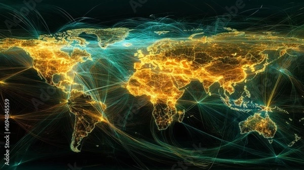 Fototapeta Connecting the globe a dynamic world map with glowing lines global perspective digital visualization futuristic design