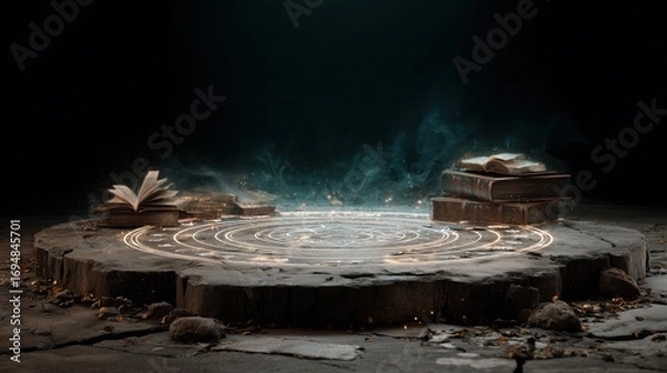 Fototapeta Halloween background with copy-space for text. Cracked stone platform surrounded by magical glowing symbols and spell books, dark blue color tone.