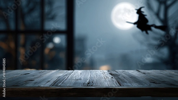 Fototapeta Halloween background with copy-space for text. Dark wooden counter near window with full moon and flying witch silhouette outside, nighttime. Blue color tone.