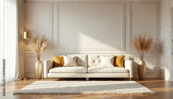 Fototapeta Modern living room interior features cream tufted sofa with yellow accent pillows, complemented by plush white rug, elegant floor lamp. Tall vases with pampas grass flank sofa, adding touch of