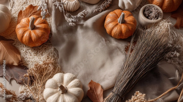 Fototapeta Halloween background with copy-space for text. Rustic table with decorations like mini pumpkins, dried leaves, witch props, warm moody lighting. Top view.