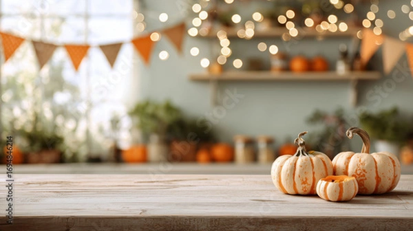 Fototapeta Halloween background with copy-space for text. Kitchen table with half-carved pumpkins, garlands and empty space in center.