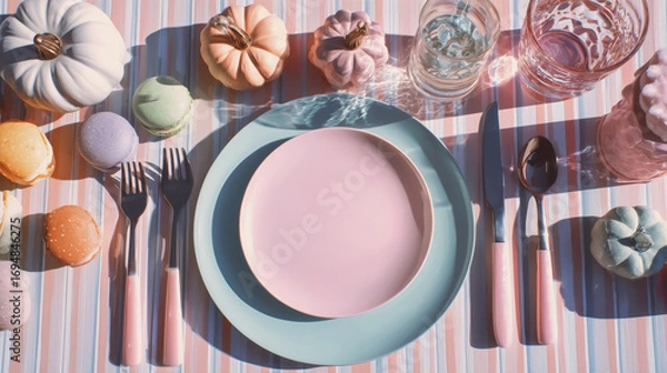 Fototapeta Halloween background with copy-space for text. Modern cafe table decorated with cute elements with empty plate. Pastel color tone.