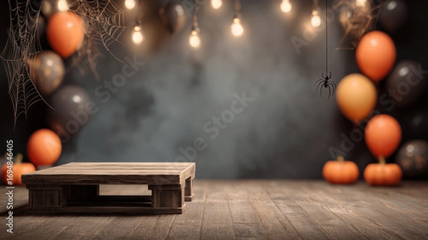 Fototapeta Halloween background with copy-space for text. Small wooden stage decorated with balloons and spider webs, ready for product placement.