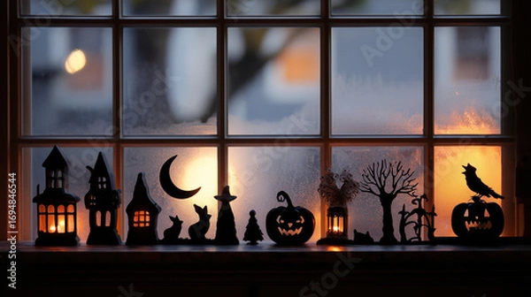 Fototapeta Halloween background with copy-space for text. Tabletop by fogged window with full moon glow and silhouette decals.