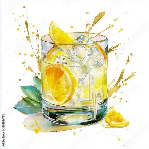 Fototapeta Vibrant watercolor painting of a refreshing citrus iced drink with lemon slices and splashes