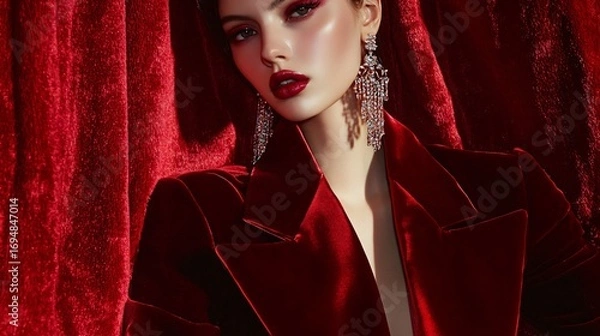 Obraz Woman in red velvet jacket with ornate earrings against red velvet backdrop.