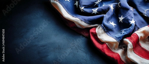 Fototapeta Softly folded american flag draped on a textured surface with copy space