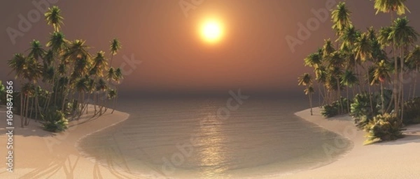 Obraz Beautiful beach with palm trees at sunset, panorama of a tropical landscape, sea sunset,
3d rendering