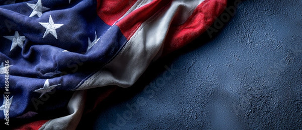 Fototapeta Close-up of a softly folded american flag draped elegantly with rich texture and patriotic colors