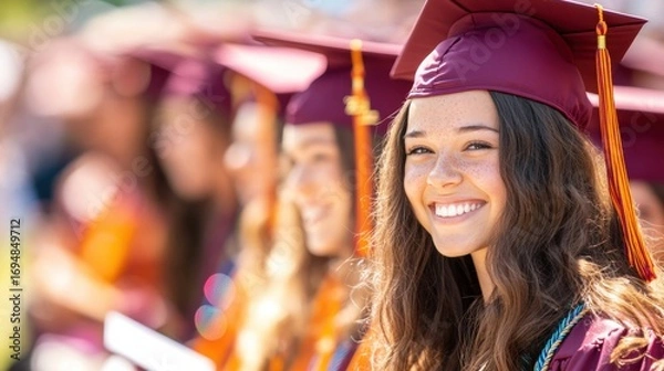 Fototapeta Celebrating graduation with smiling students in maroon caps and gowns