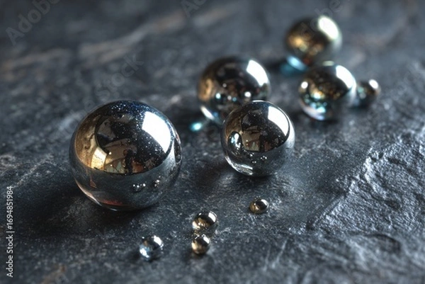 Obraz Several shiny metal spheres are scattered on a textured gray surface.