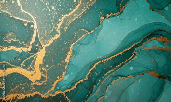 Obraz Gold and Teal Iridescent Marble Watercolor Background