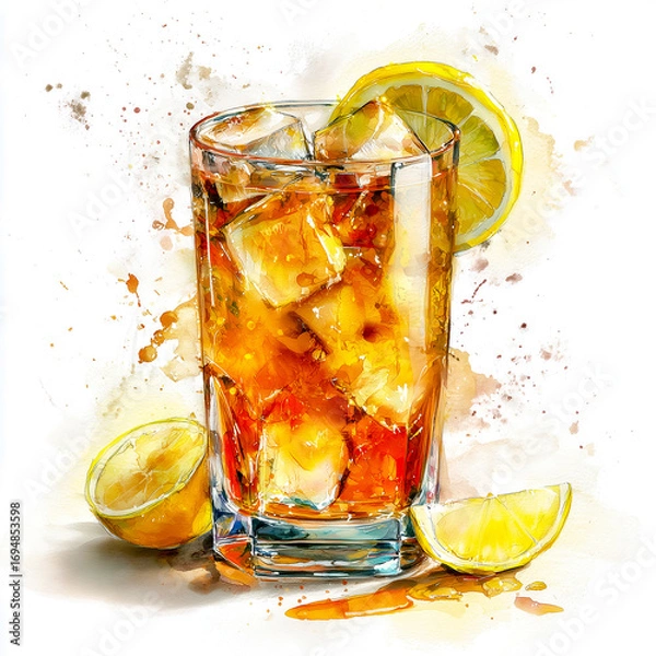 Fototapeta Refreshing amber iced tea in a tall glass with lemon slices and floating ice cubes