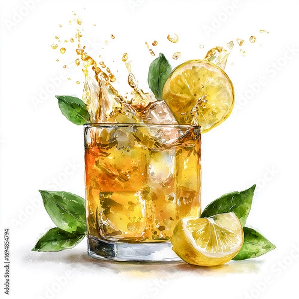 Fototapeta Refreshing iced tea splash with lemon slices and mint leaves watercolor style