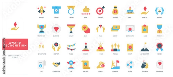 Fototapeta Award of success victory recognition, trophy of business and sport achievement color icon set. Money and diploma of champion for first place, handshake of respect and applause flat vector illustration