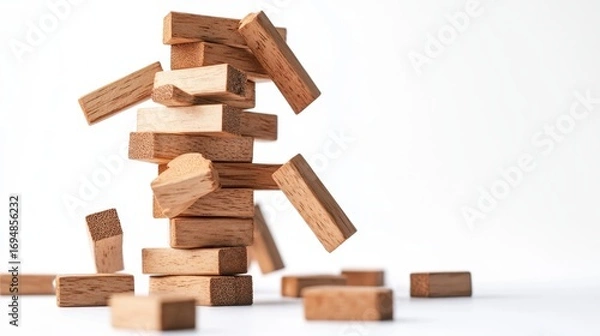 Fototapeta Tension builds as a jenga tower teeters on the edge of collapse in a minimalist setting capturing the thrill of anticipation