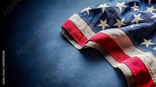 Fototapeta Softly folded american flag draped gracefully on a deep blue textured surface
