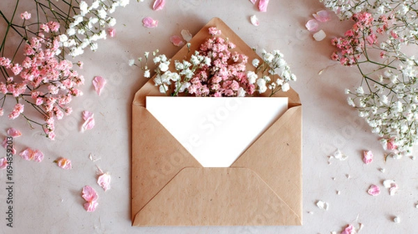 Fototapeta Romantic stationery flat lay with open envelope and delicate pink flowers for love notes