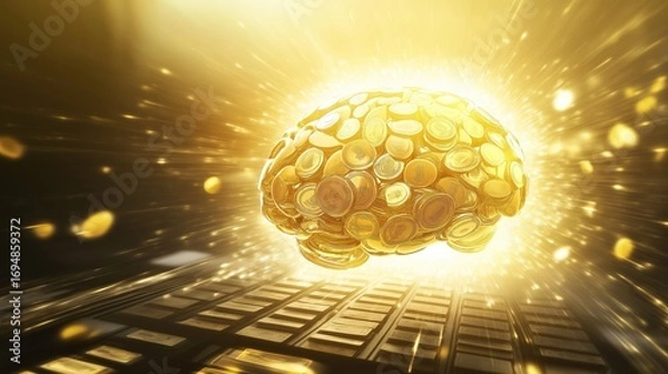 Fototapeta Golden brain with coins. Abstract golden brain surrounded by shiny gold coins on a dark background.
