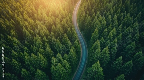 Fototapeta Aerial view of an asphalt road winding through a dense forest, illuminated by warm sunset light. Concept of travel, nature, adventure, and peaceful landscapes.