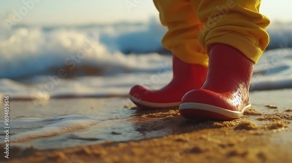 Fototapeta Child feet in yellow pants and red boots on sandy shore. Close-up of a child’s feet wearing yellow pants and red rubber boots standing on sand near water.
