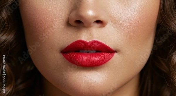 Fototapeta Close-up of a woman's face featuring vibrant red lipstick. The focus is on her lips, nose, and cheek with a blurred background.