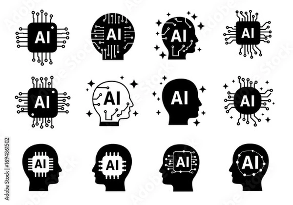 Fototapeta AI technology brain chip icons representing artificial intelligence and innovation concepts