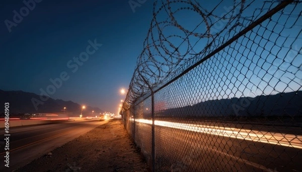 Fototapeta Nighttime Highway and Fence