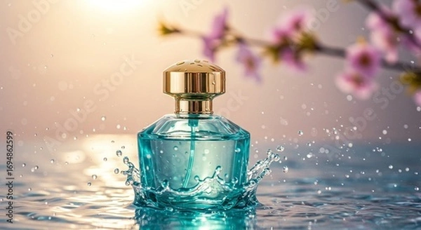 Fototapeta Elegant perfume bottle with gold top, resting in water with flower background. Fragrance and water create refreshing, summery scene.