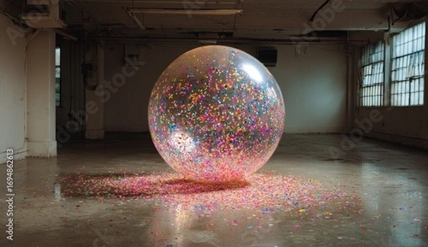 Fototapeta Large, colorful confetti-filled sphere in a spacious, industrial interior