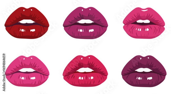 Fototapeta Set of glossy 3D lips with lipstick, vector illustration of realistic mouth expressions isolated on white or transparent background.
