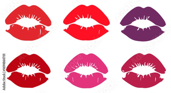 Fototapeta Set of lipstick kiss marks, vector illustration of colorful lips isolated on white or transparent background.