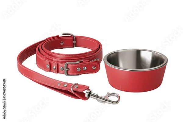 Obraz Red Leather Dog Collar Leash and Stainless Steel Bowl Set isolated on a transparent background image
