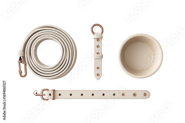 Obraz Rolled white leather dog leash collar and bowl with rose gold hardware isolated on a transparent background