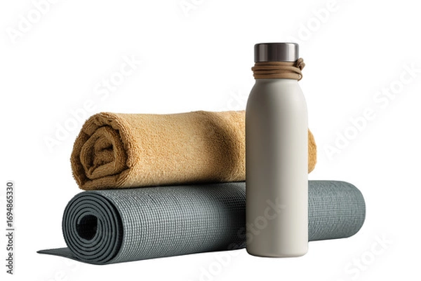 Obraz Rolled yoga mat with towel and reusable water bottle isolated on a transparent background image