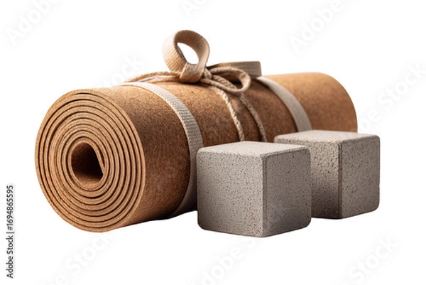 Obraz Rolled cork yoga mat with two textured grey yoga blocks isolated on a transparent background image
