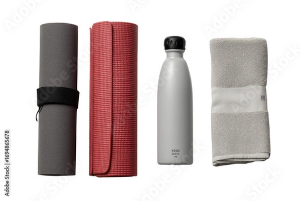Obraz Rolled yoga mats water bottle and folded towel exercise fitness isolated on a transparent background