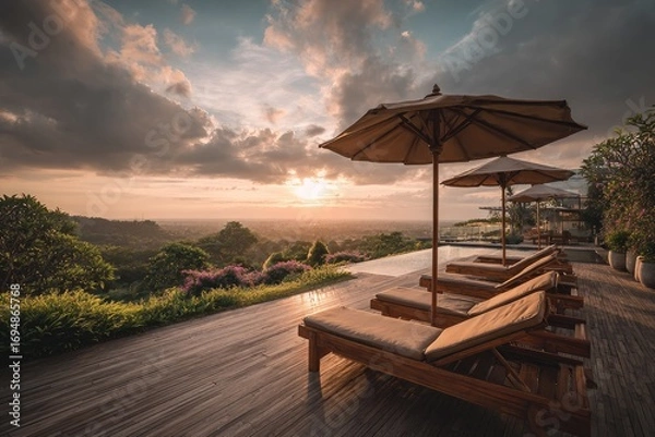 Fototapeta Tranquil Sunset Overlook Pool Deck