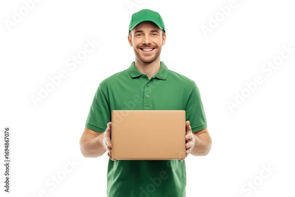 Obraz Smiling man in green uniform holding a cardboard package isolated on a transparent background male happy