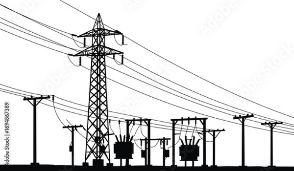 Fototapeta High voltage electricity transmission towers power lines substations and transformers for energy distribution network infrastructure white background