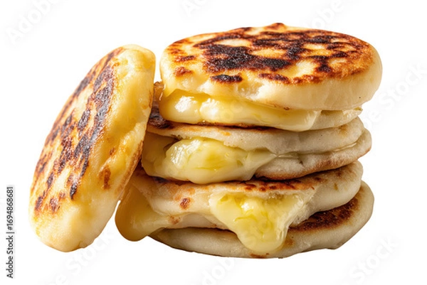 Obraz Stack of golden grilled cheese filled pancakes with melted cheese isolated on a transparent background