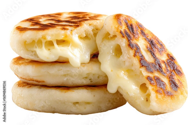 Obraz Stack of melted cheese filled arepas with grilled marks isolated on a transparent background food stuffed