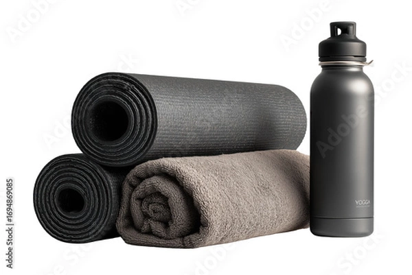 Obraz Stacked dark gray yoga mats and rolled beige towel beside water bottle isolated on a transparent background