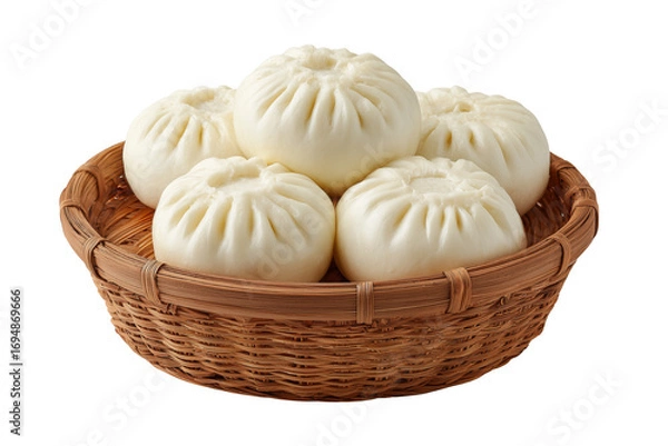 Obraz Steamed white buns in a woven bamboo basket isolated on a transparent background food asian