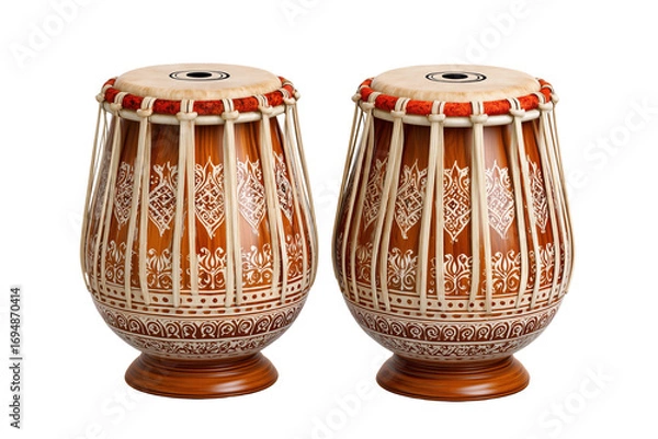 Obraz Two Indian Tabla Drums with Intricate White Patterns isolated on a transparent background percussion