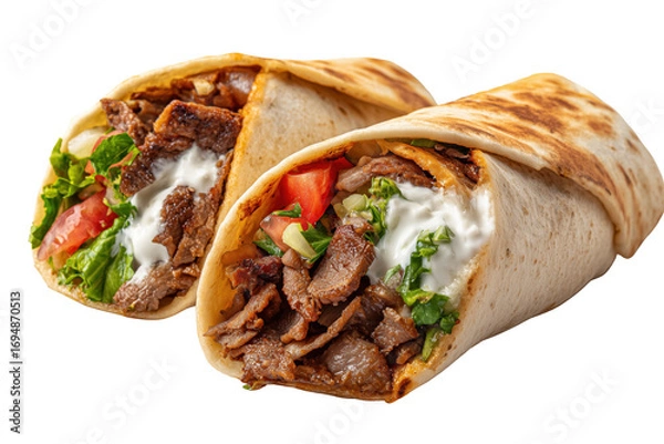Obraz Two meat and vegetable wraps with white sauce isolated on a transparent background food