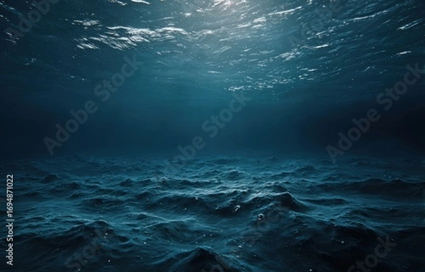 Fototapeta Deep ocean floor vista. Sunlight penetrates the surface